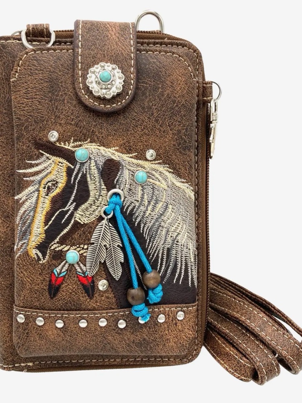 Brown Embroidered Horse Crossbody Wristlet with Turquoise Accents